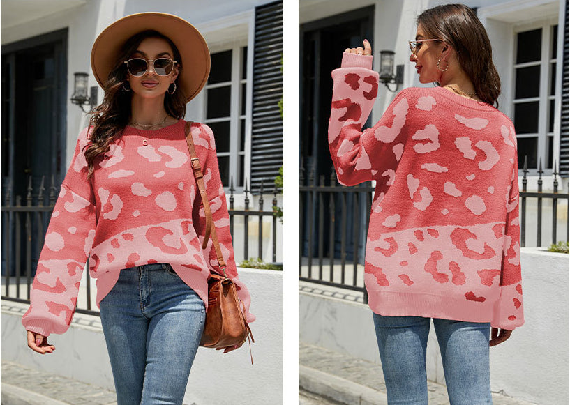 Fashion Round Neck Leopard Knitted Pullover Sweaters