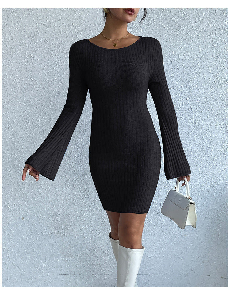 Sexy Knitted Backless Trumpet Sleeves Mini Dresses