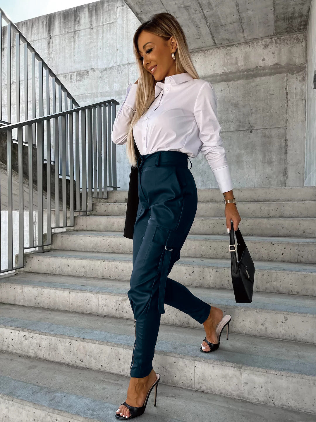 Fashion Pu Leather Slim Waist Women Pants with Pocket