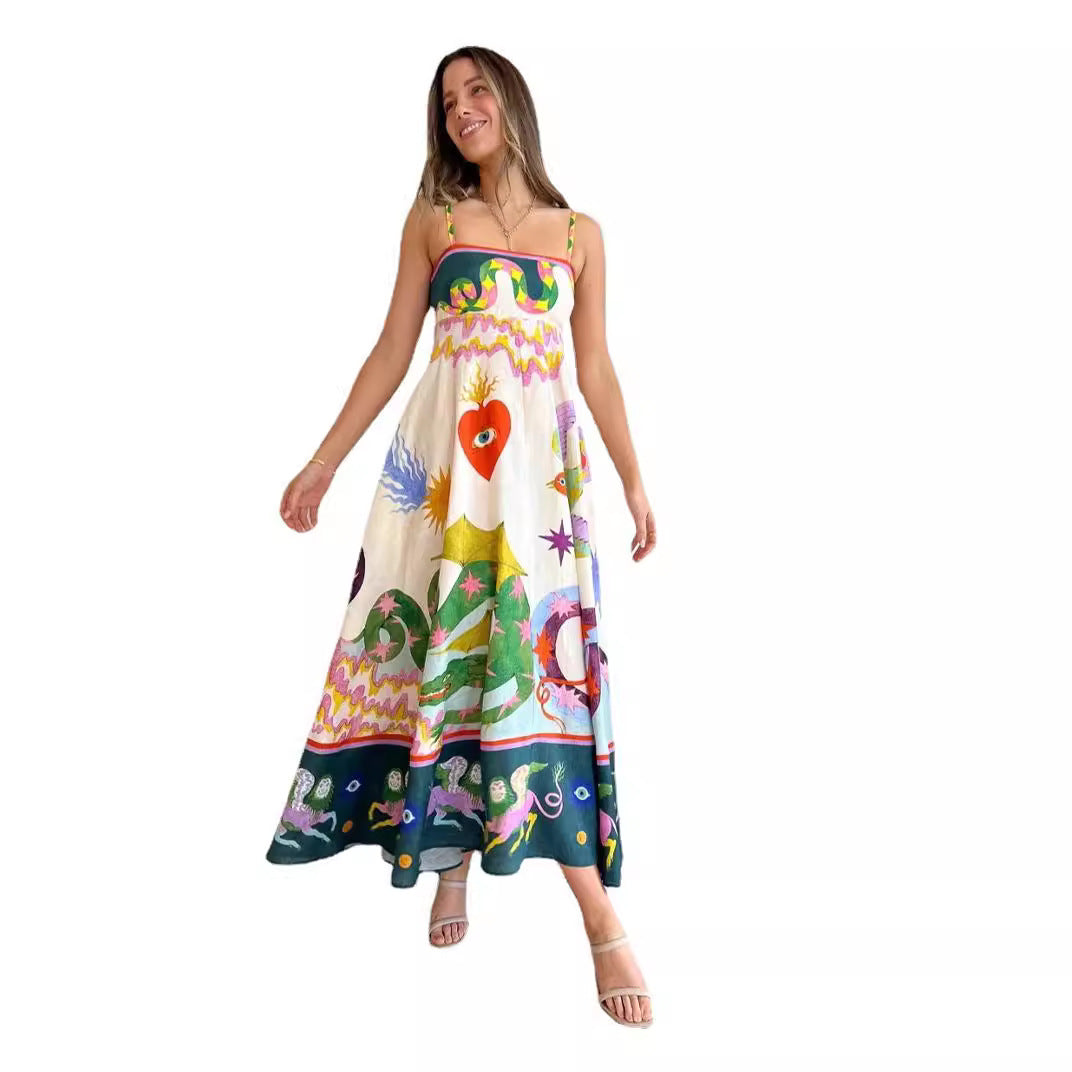 Casual Long Dress Women's Garment Suspender Print Sleeveless Pendulum Dress