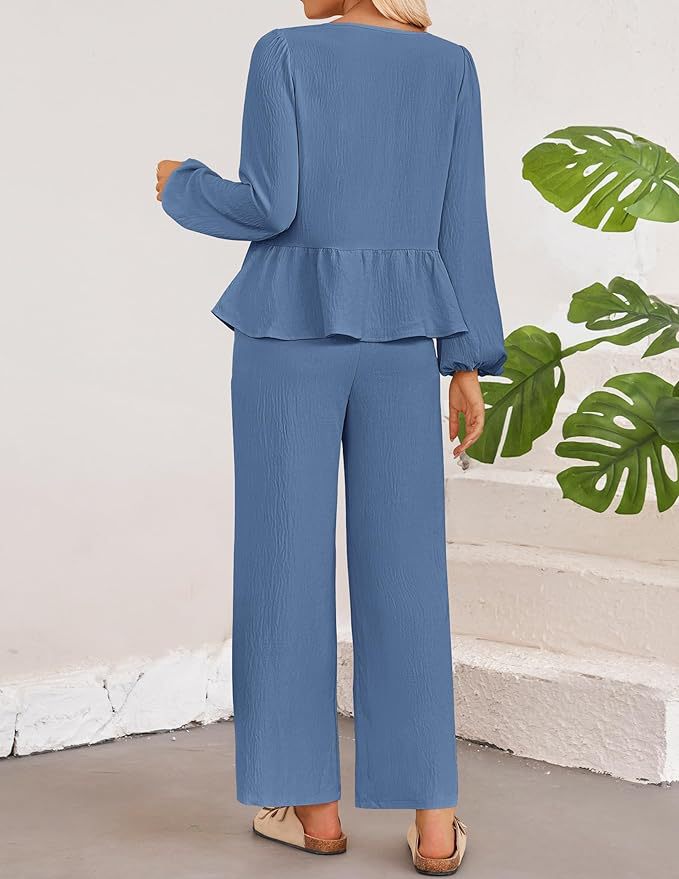 Casual Women Long Sleeves V Neck Shirts and Pants Suits