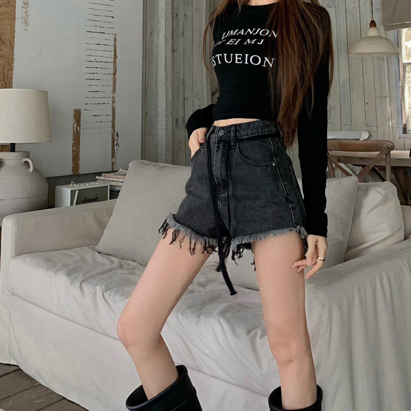 Summer Long Sleeves T Shirts and High Waist Denim Shorts