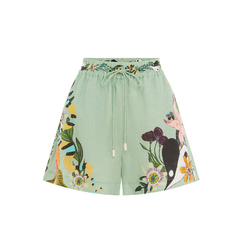 Green Linen Two Pieces Shirts and Short Pants