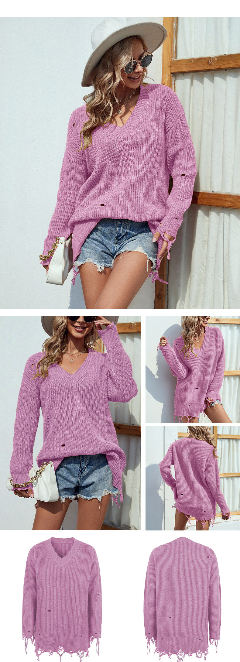Casual V Neck Long Sleeves Knitted Fall Sweaters