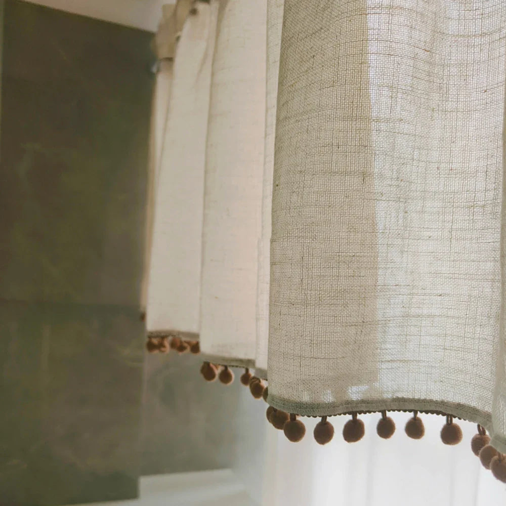 Kitchen Curtains Faux Linen Textured Small Cafe Window Curtain with Pom Pom Over Sink Light Filtering Short Curtain for Bathroom
