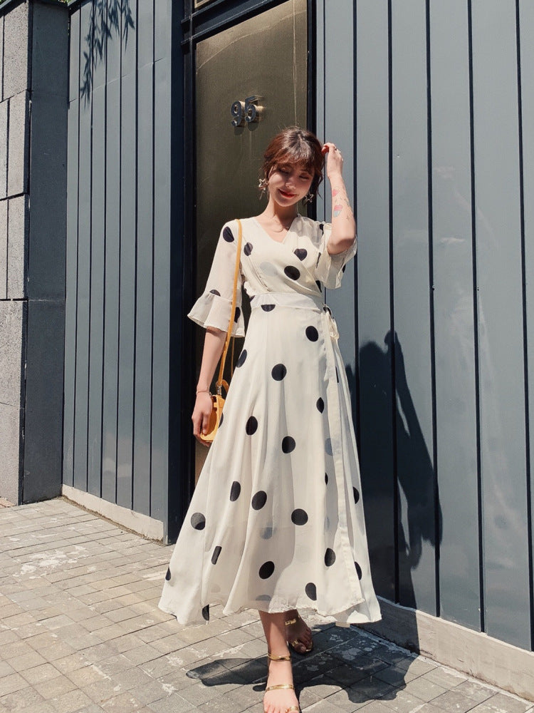 Black Dot Chiffon Summer Women Long Dress