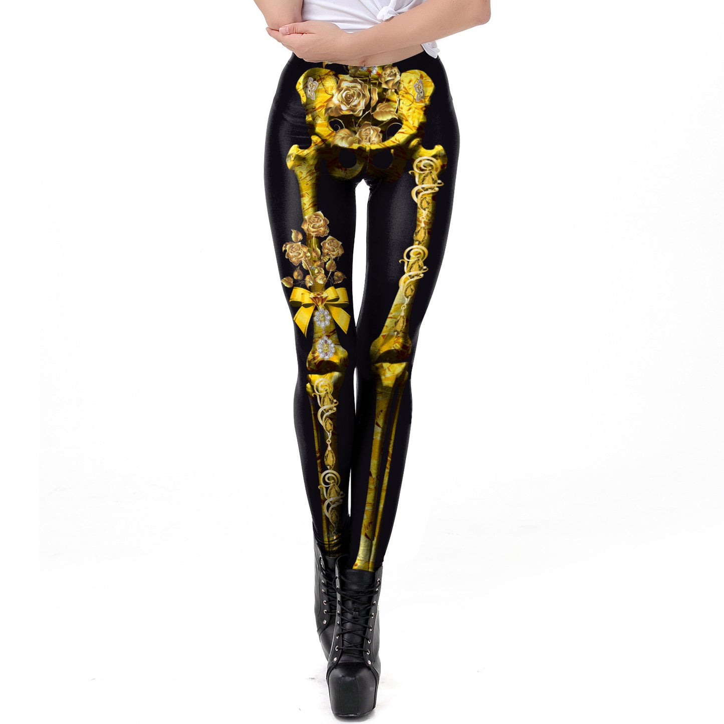 Halloween Pumpkin/Human Skeleton Print Elastic Leggings