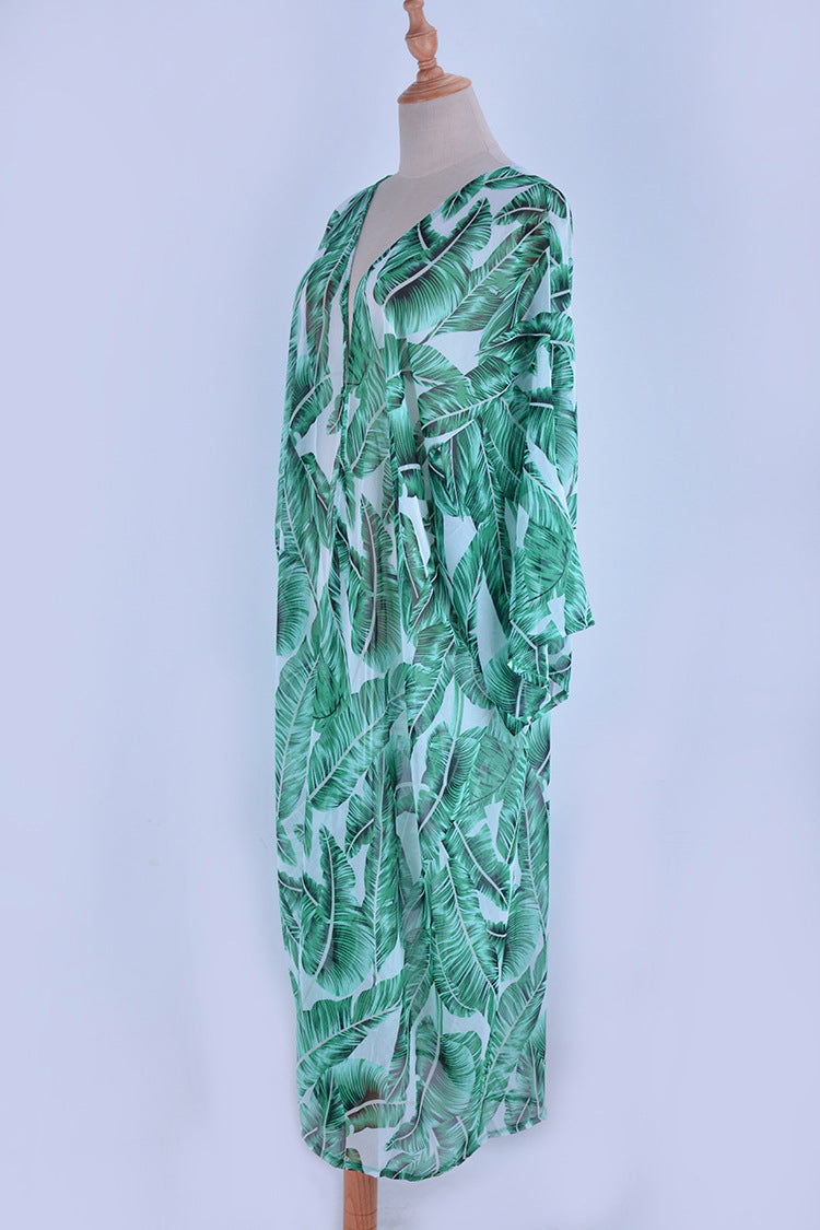 Green Chiffon Palm Leaf Print Holiday Kimono Cover Ups Dresses