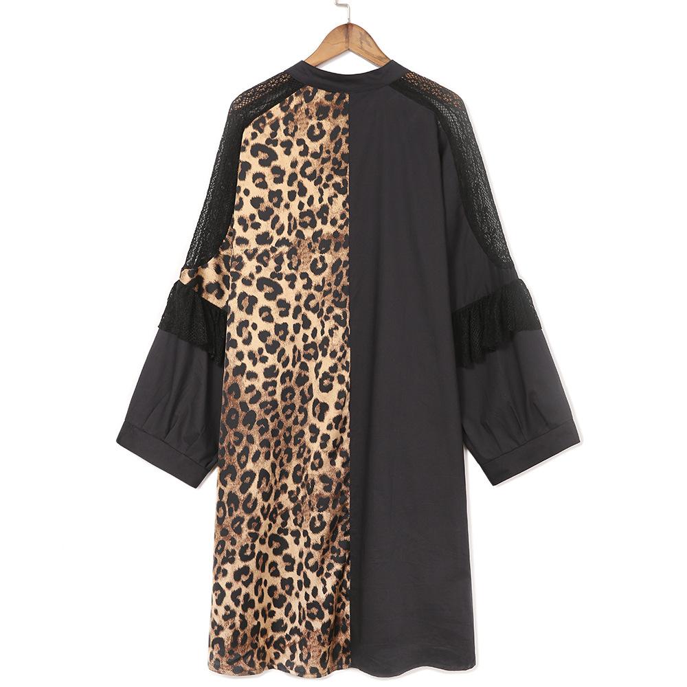 Women Plus Sizes Lace Leopard Fall Blouses-STYLEGOING