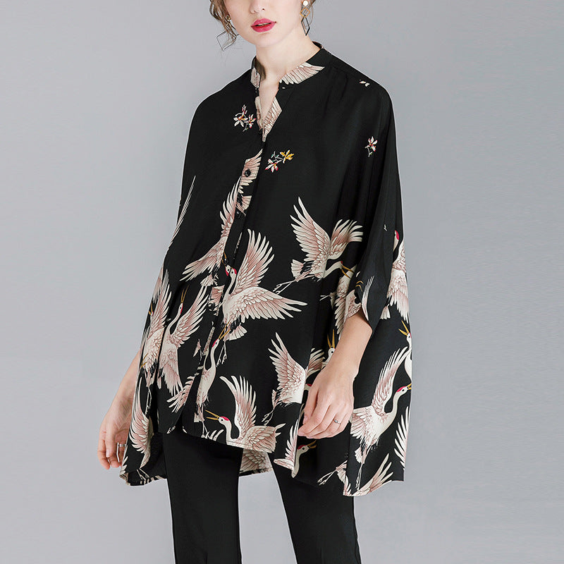 Summer Red-crowned Crane Designed Plus Sizes Women Shirts