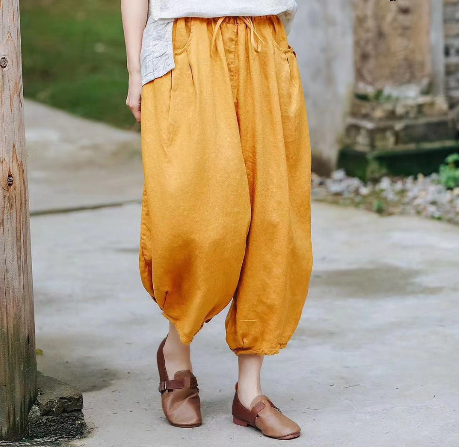 Ethnic Linen Elastic Waist Casual Pants for Women