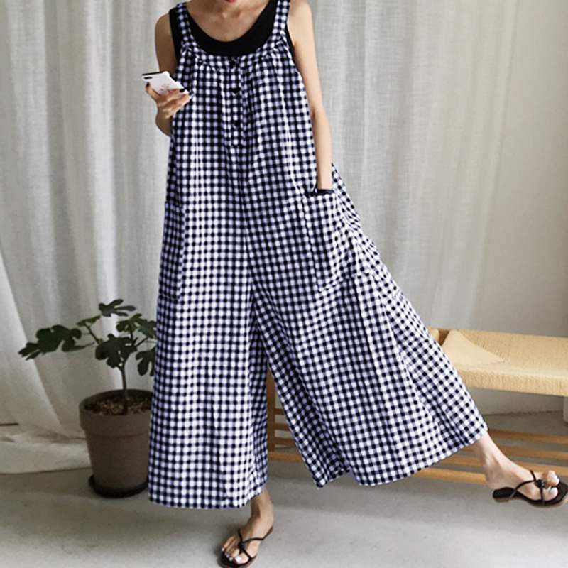 Vintage Women Plaid Loose Sleeveless Jumpsuits-STYLEGOING