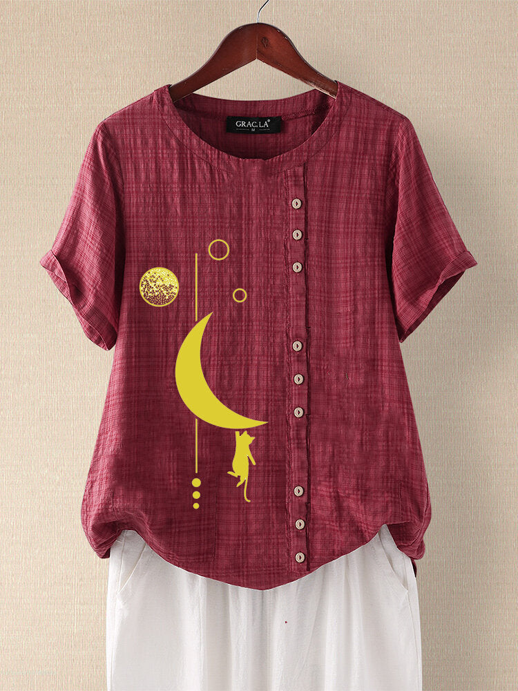 Vintage Moon Print Linen Short Sleeves T Shirts