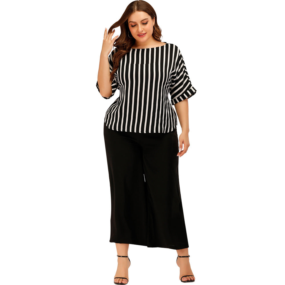 Fashion Striped Plus Sizes Tops and Pants Women Suits