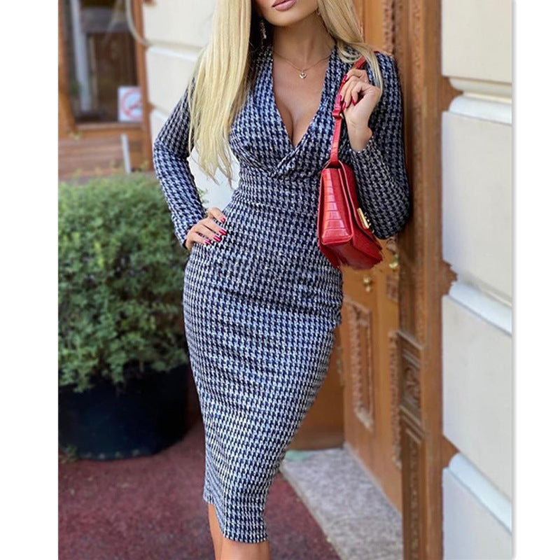 Sexy V Neck Plaid High Waist Bodycon Dresses