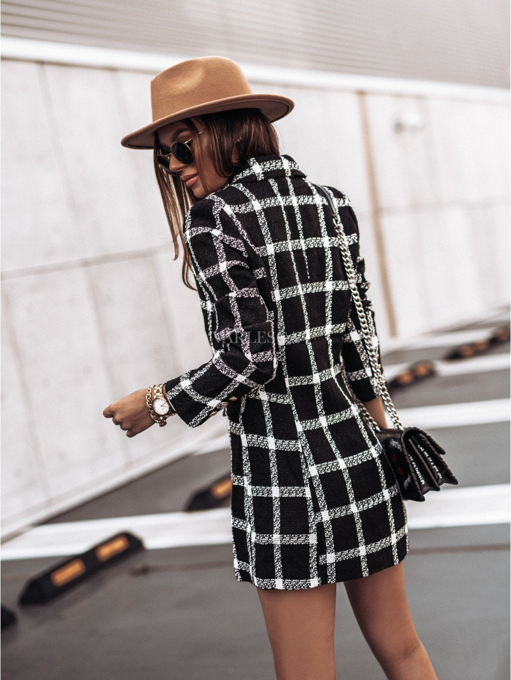 Women Turnover Collar Plaid Winter Overcoat-STYLEGOING