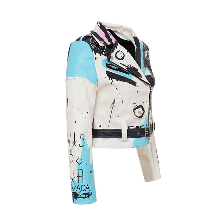 Personality Graffiti Design Punk Rivet PU Jacket for Women