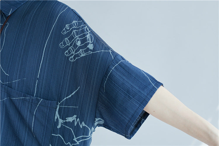 Casual Blue Plus Sizes Short Sleeves Shirts for Women