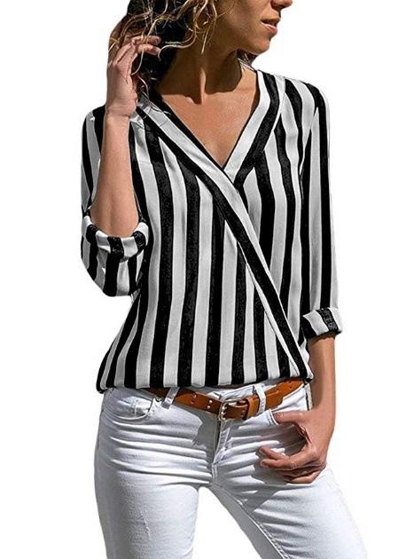 Women Long Sleeves V Neck Shirt Blouses-STYLEGOING