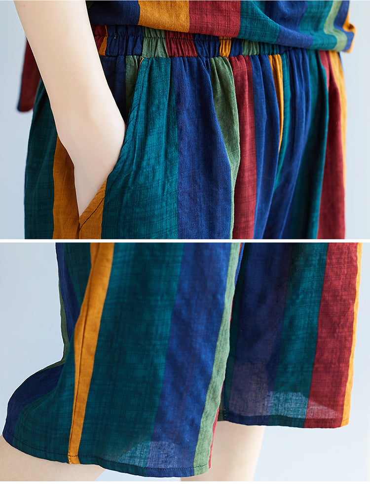 Summer Casual Striped Linen Top Blouses and Short Pants Sets