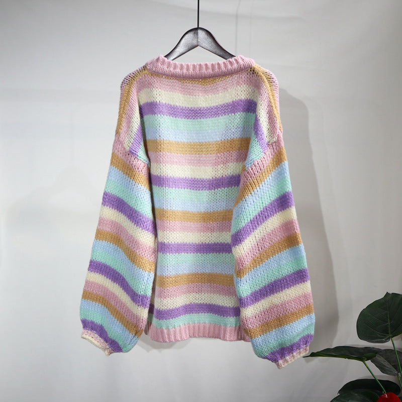 Colorful Striped Women Knitted Cardigan Outerwear