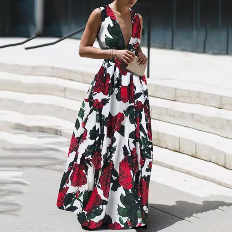 Sexy Floral Print Sleeveless Summer Women Long Dresses