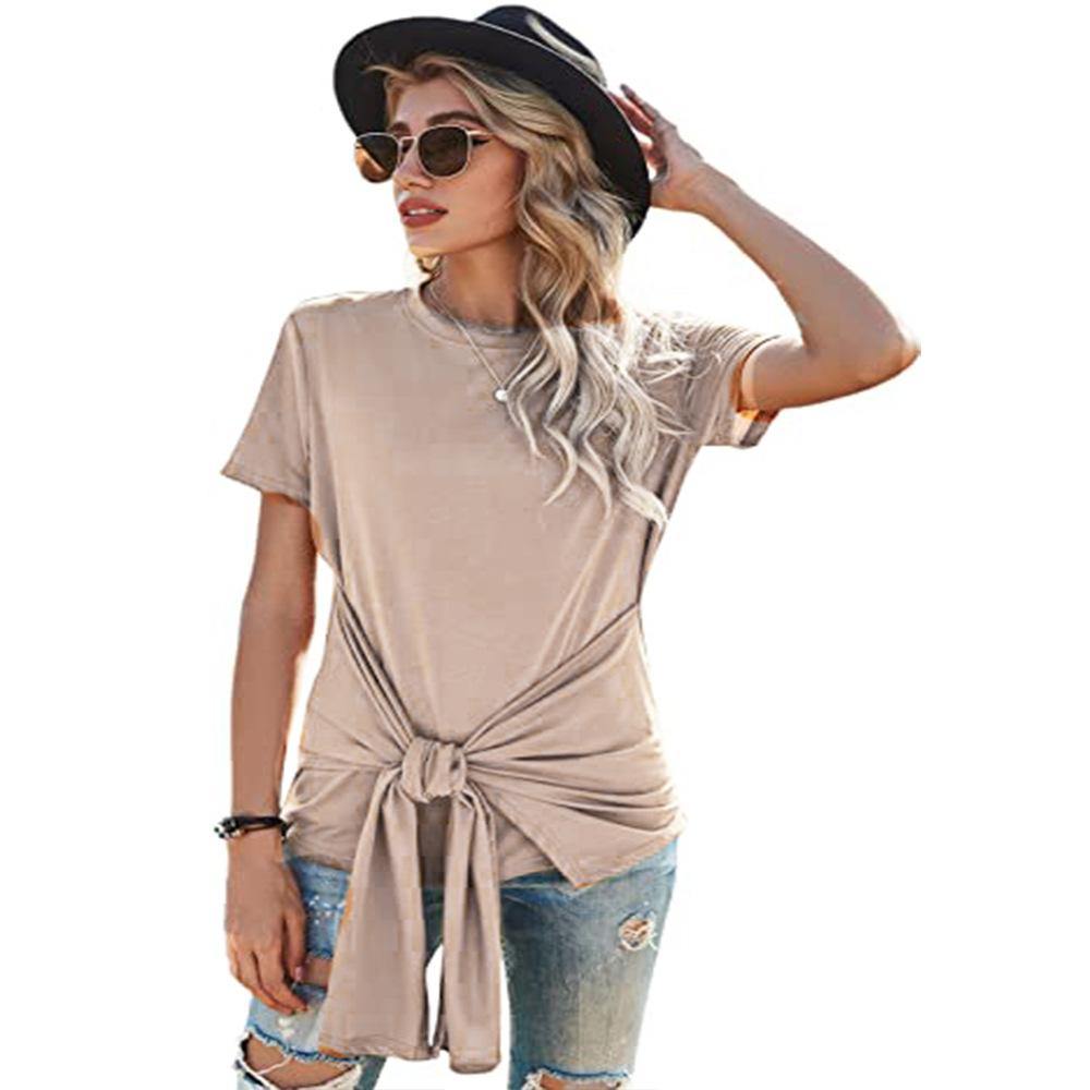 Women Summer Round Neck Bowknot T-Shirts-STYLEGOING