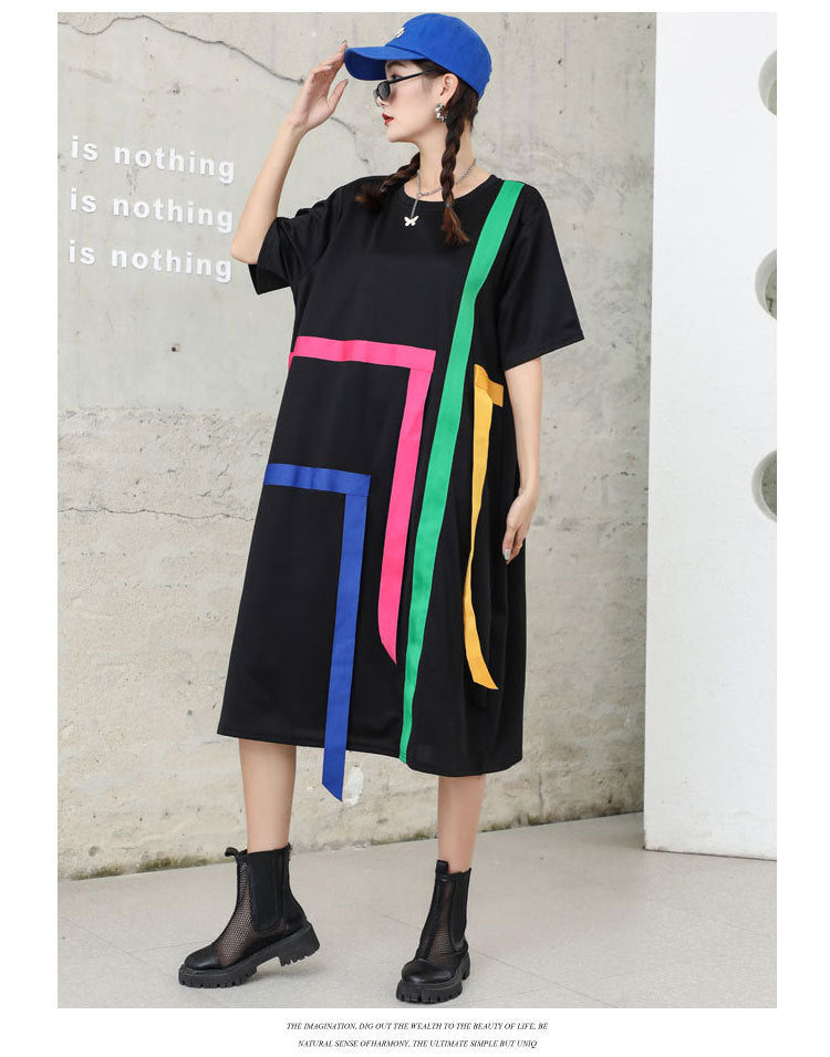 Summer Colorful Striped Girls Plus Sizes Midi Dresses