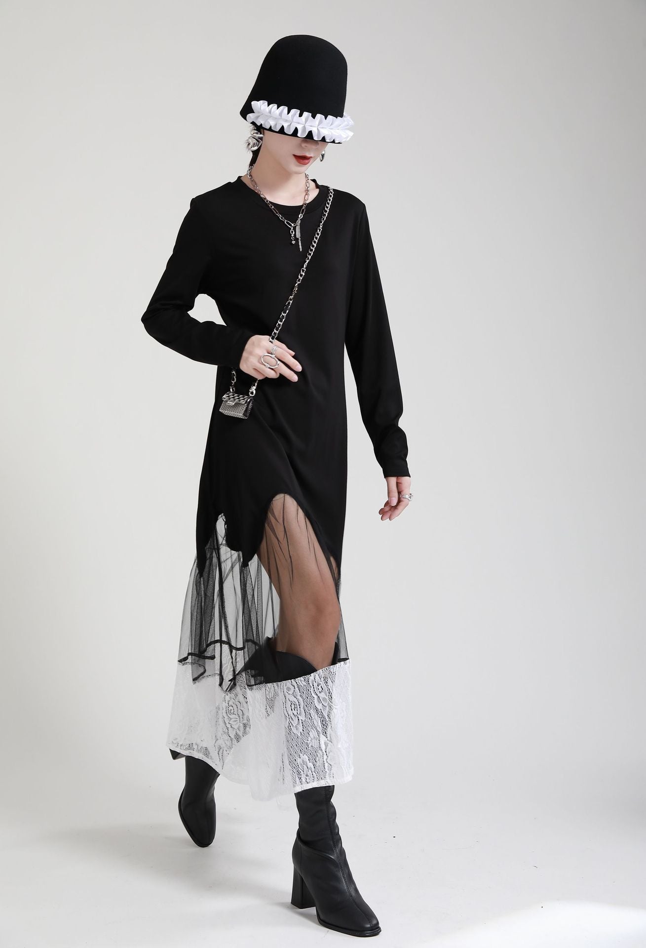Black Women Irregular Lace Net Fall Long Dresses