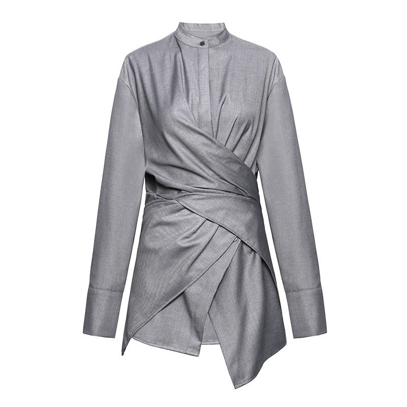 Designed Stand Collar Irregular Women Long Sleeves Shirts