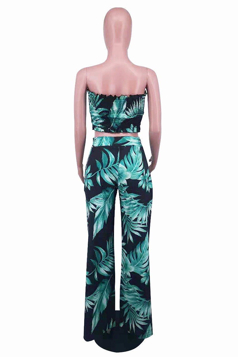 Summer Sexy Leaf Print Two Pieces Suits