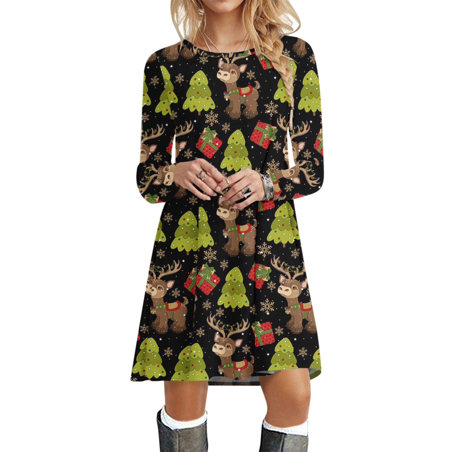 Casual Merry Christmas Long Sleeves Short Dresses