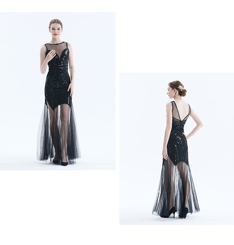 1920s Vintage Sequined Tulle Evening Party Long Dresses