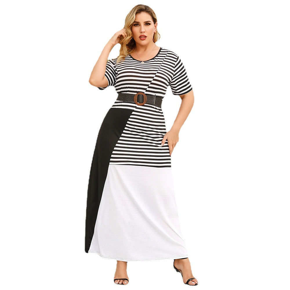 Women Round Neck Striped Short Sleeves Plus Sizes Dresses