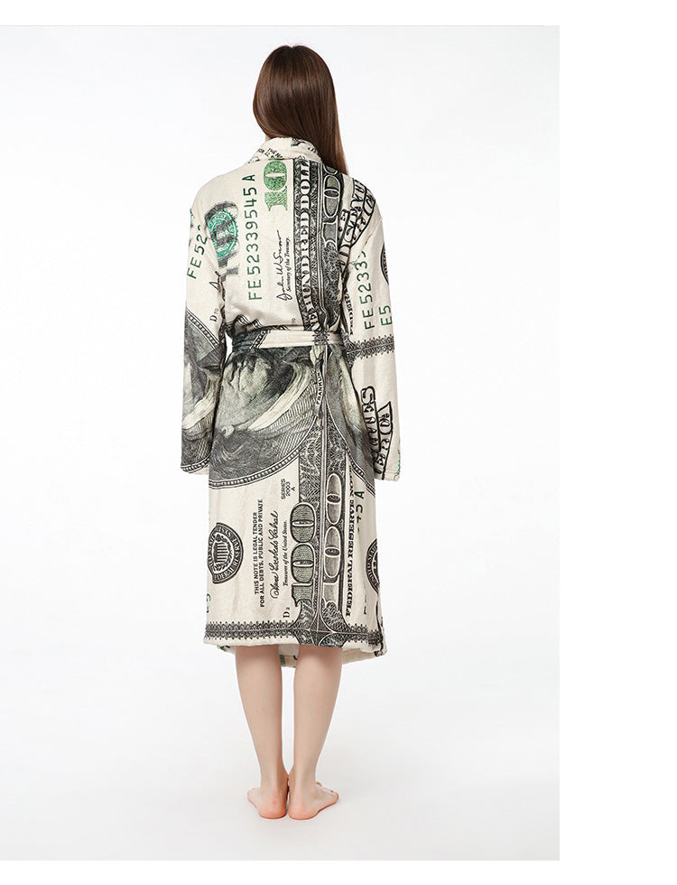 Casual Dollar Print Fleece Warm Sleepwear Night Gown