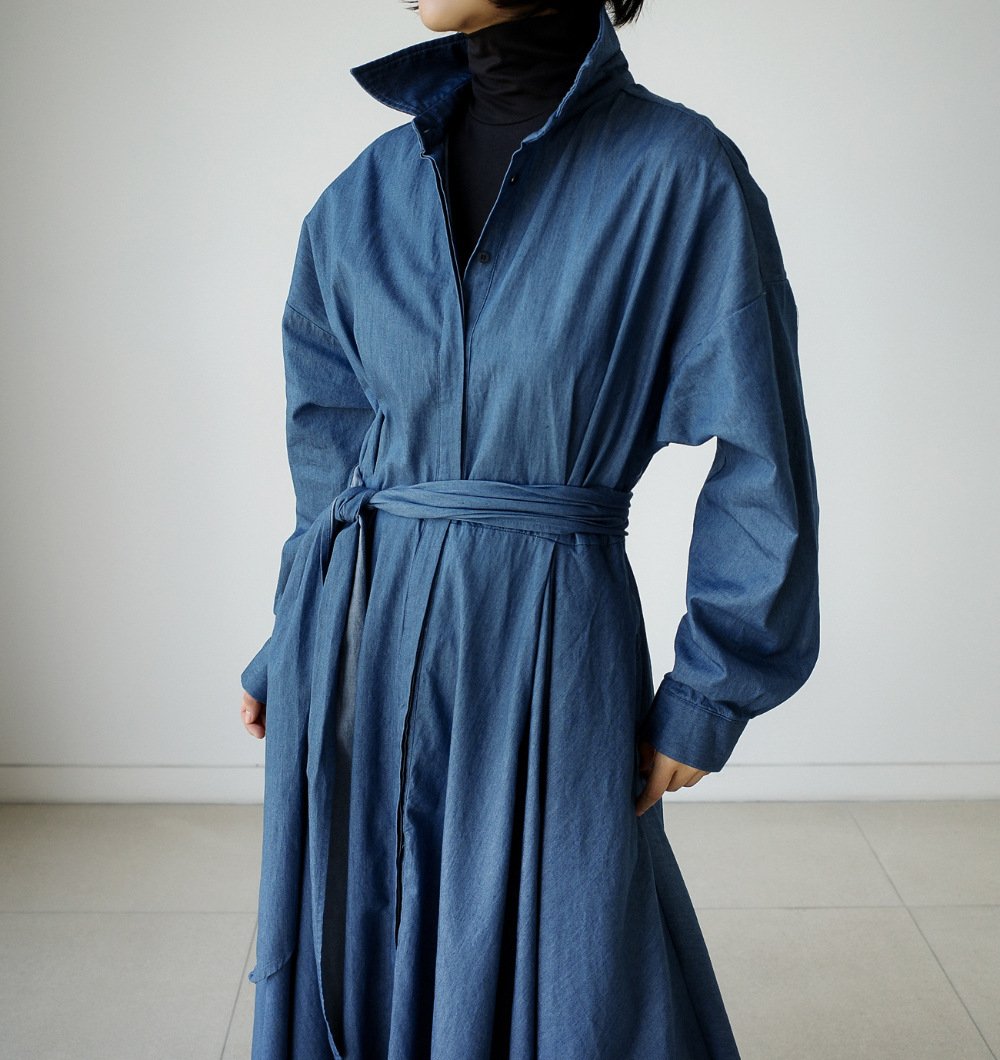 Blue Long Sleeve Loose Demin Shirts Maxi Dresses-STYLEGOING
