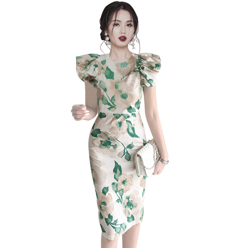 Elegant Summer Round Neck Green Leaf Women Sheath Dresses