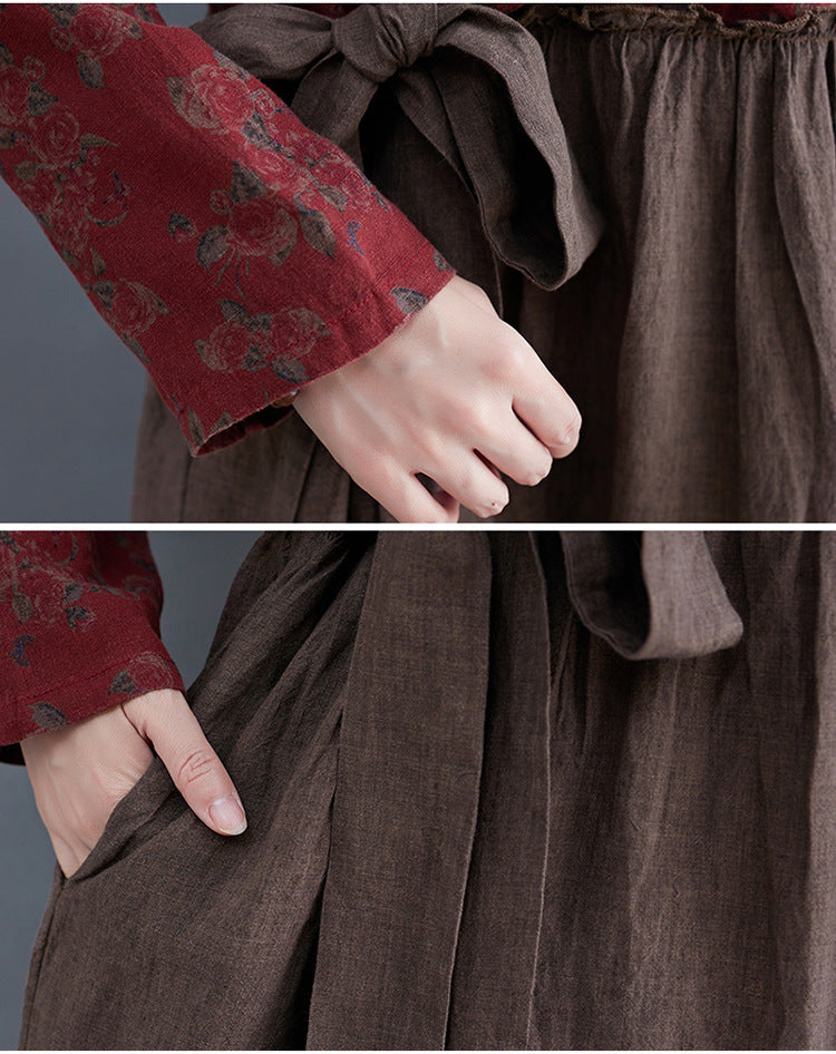 Vintage V Neck Flower Designed Slim Waist Long Maxi Dresses