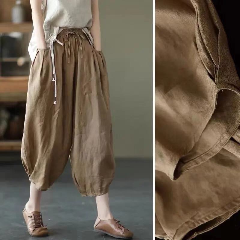 Vintage Elastic Waist Linen Summer Trousers for Women