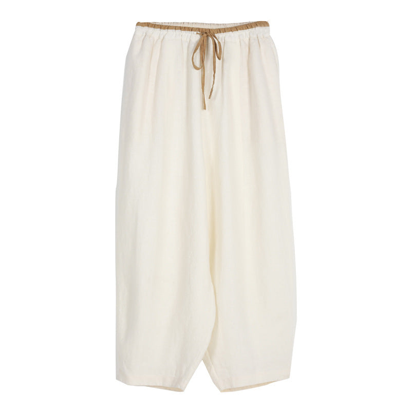 Casual Linen Elastic Waist Cropped Trousers for Women