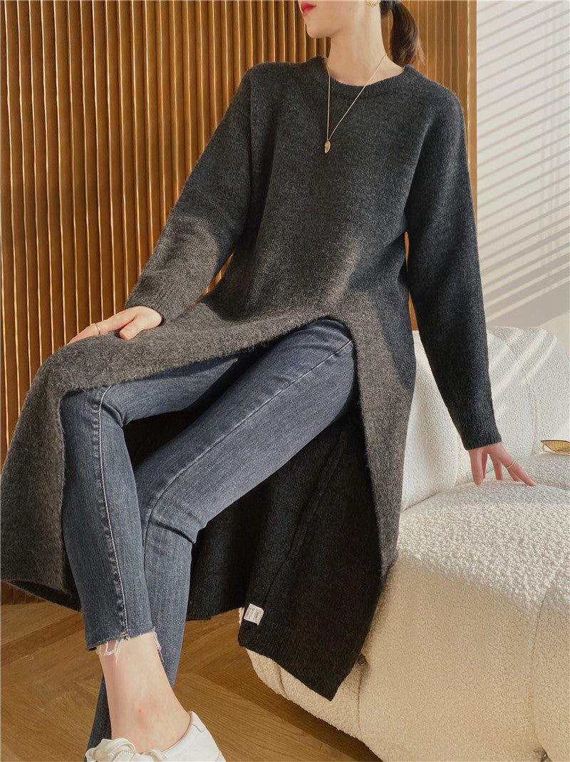 Warm Knitting Split Design Pullover Long Dresses