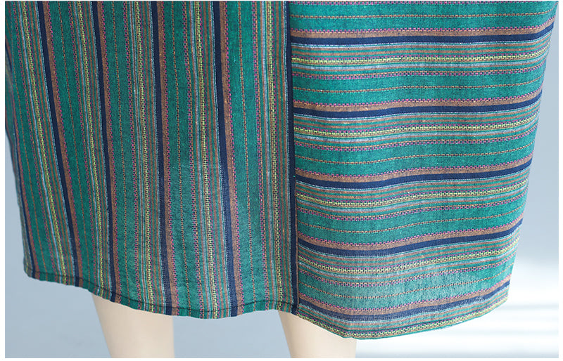 Vintage Green Linen Striped Asymmetrical Short Dresses