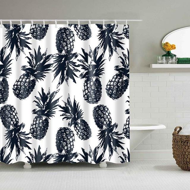 Black&White Pineapple Print Bathroom Fabric Shower Curtain