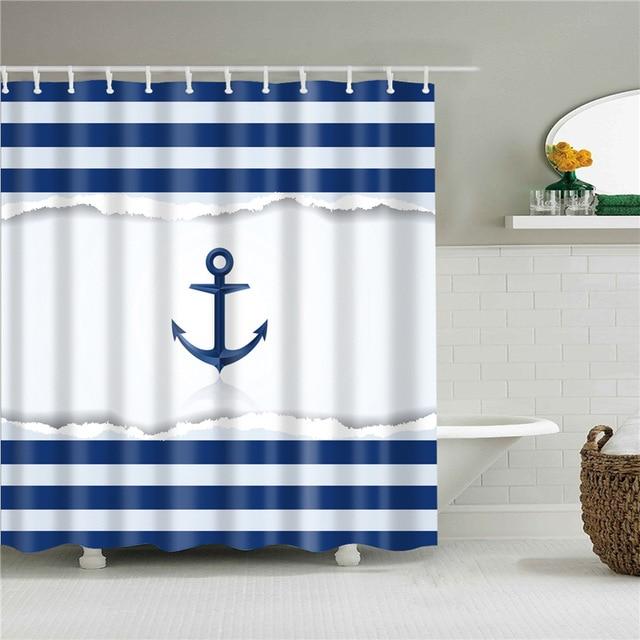 Nautical Blue Anchor Stripes Fabric Shower Curtain