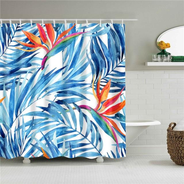 Blue Palm Leaves Fronds Fabric Shower Curtain