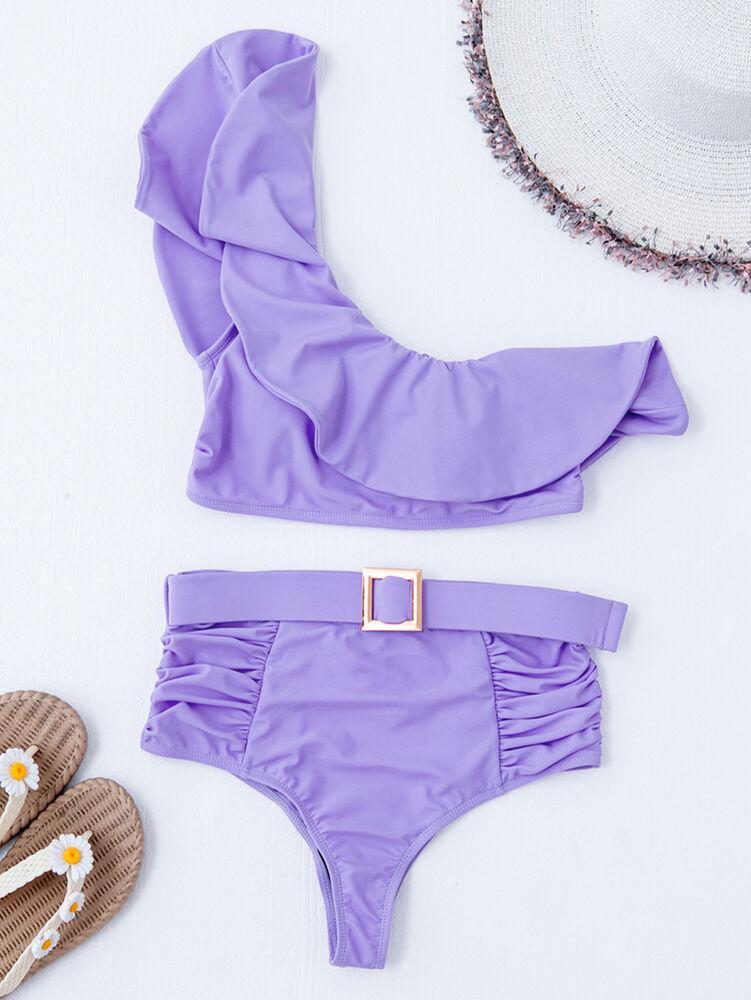 Womens One Shoulder Ruffle Bra Bikini-STYLEGOING