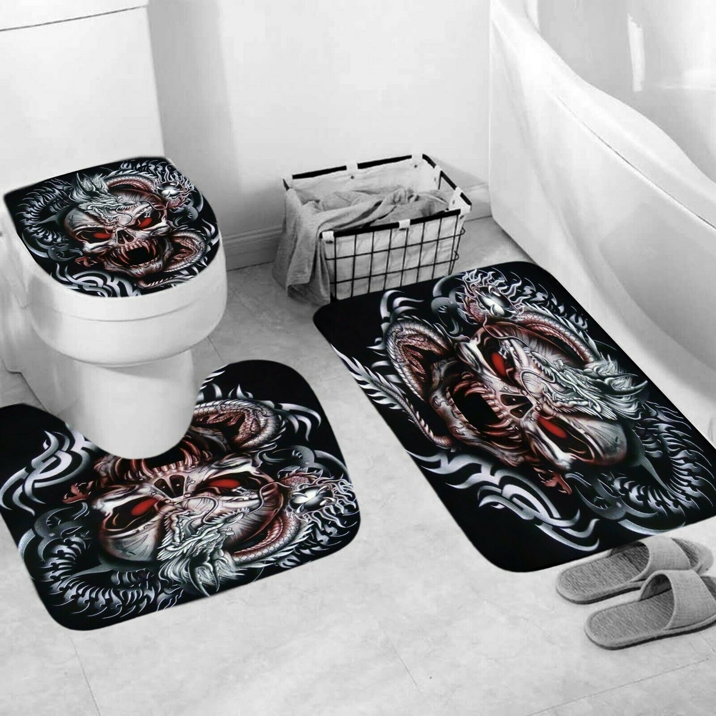 Skull Shower Curtain Set Bathroom Rug Thick Bath Mat Non-Slip Toilet Lid Cover-STYLEGOING