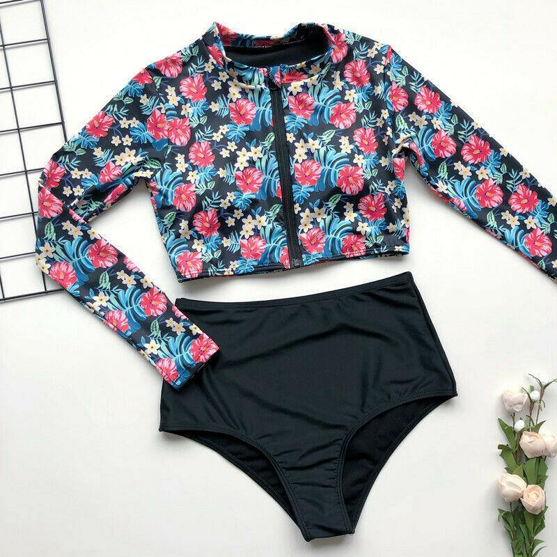Long Sleeve High Waist Flower Zippered Swimsuit-STYLEGOING
