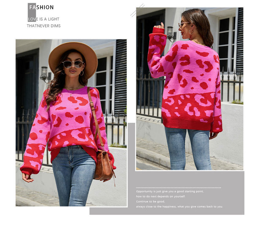 Fashion Round Neck Leopard Knitted Pullover Sweaters