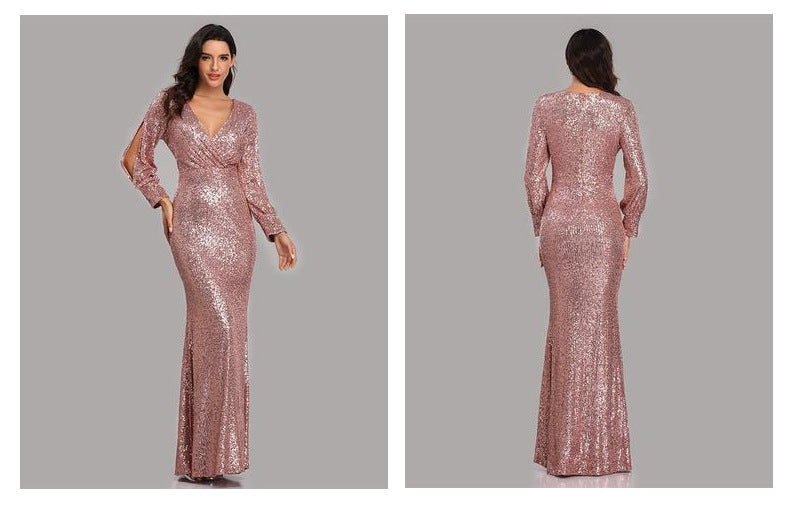 Sexy V Neck Sequined Mermaid Evening Dresses